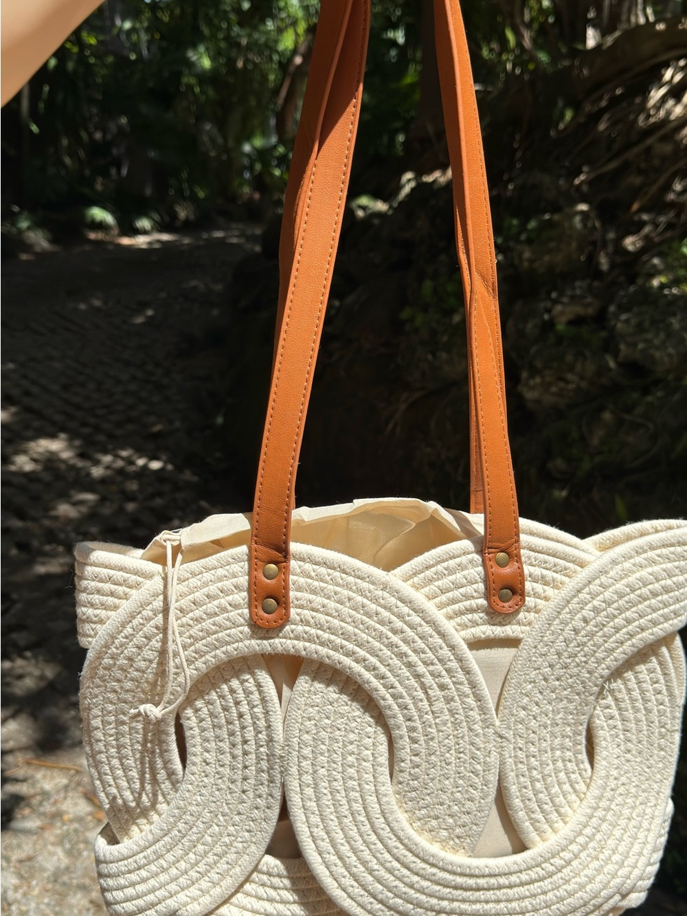 Cream Woven Tote Bag with Tan Handles